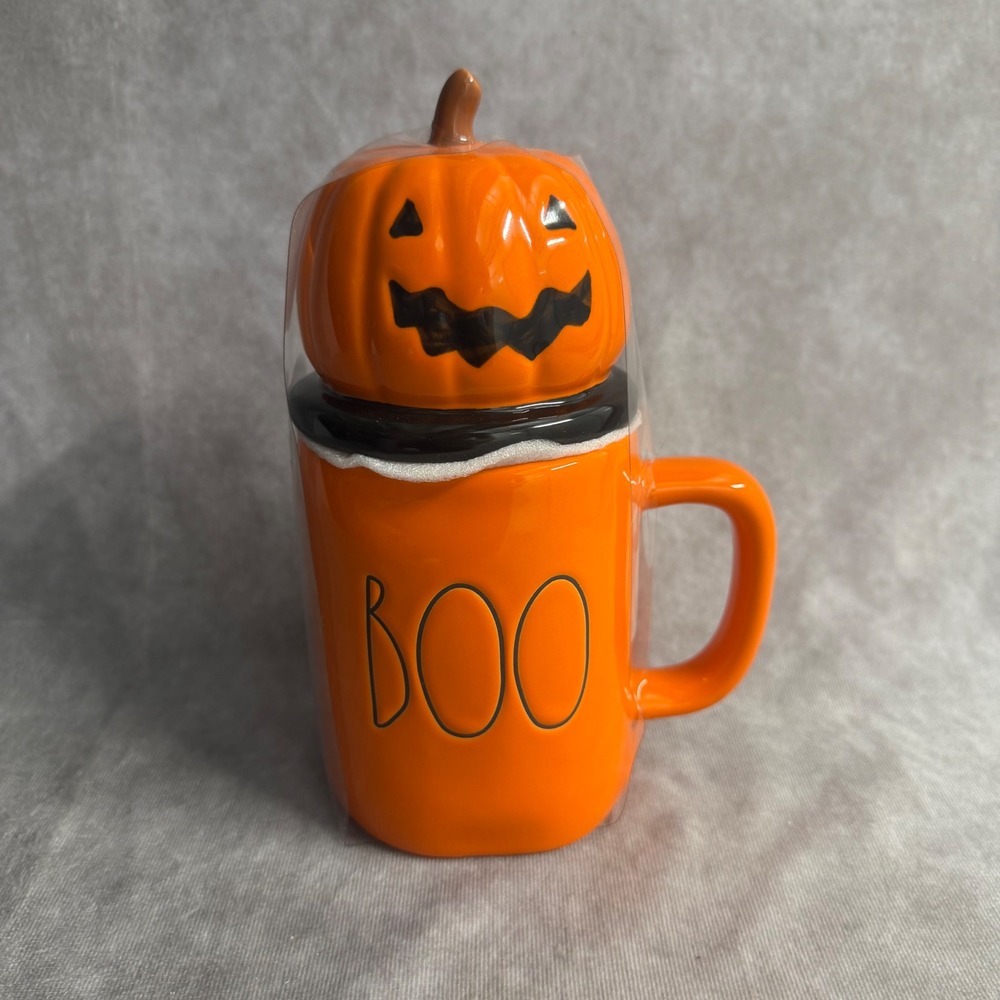 Rae Dunn Pumpkin Mug Orange Boo Jack-O-Lantern Lid Halloween Ceramic Coffee Cup